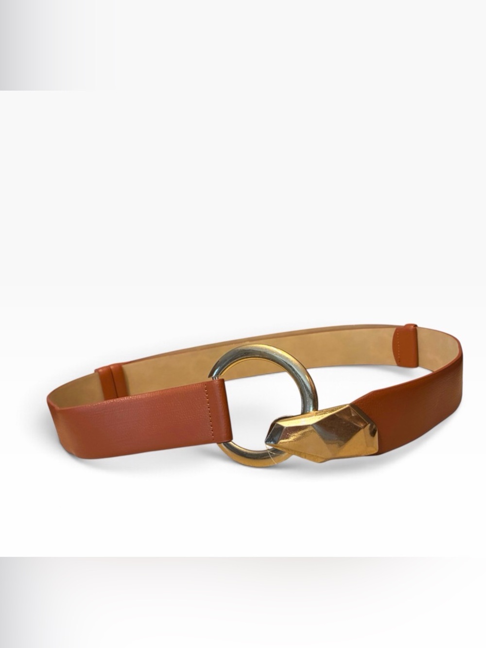 NWT Wynn Collection Leather-Look Gold Buckle Belt Adjustable in Cognac Brown